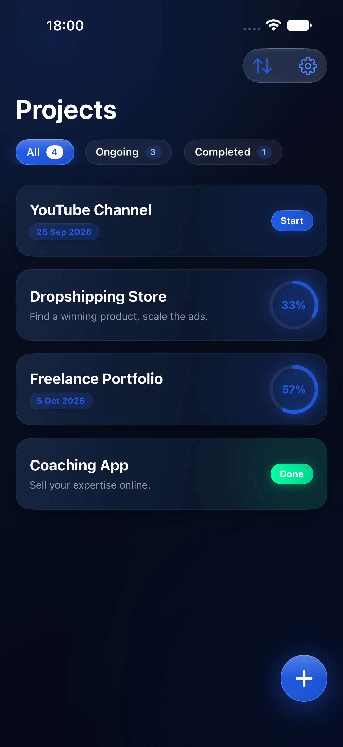 Kanba’s Projects screen: YouTube Channel, Dropshipping Store at 33 percent, Freelance Portfolio at 57 percent, Coaching App done.