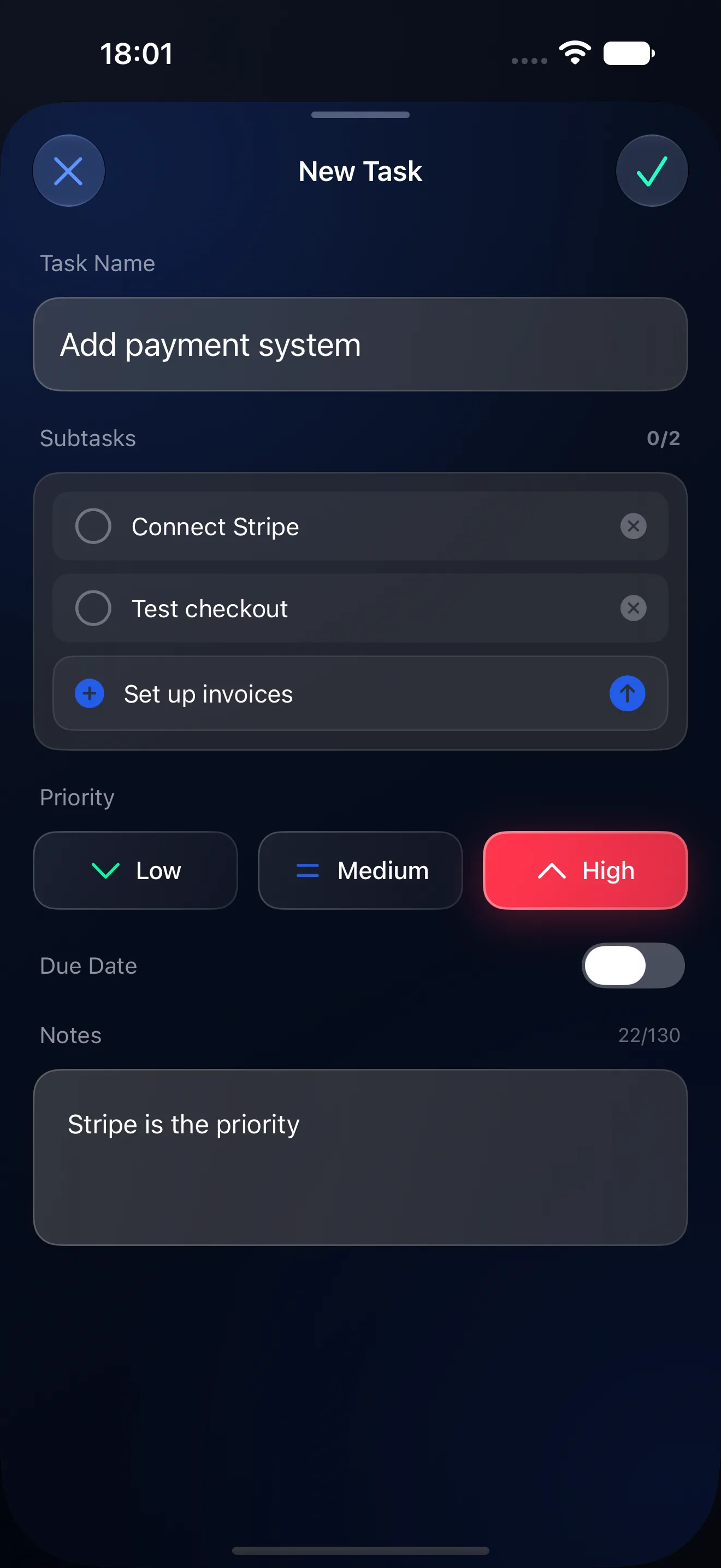 Kanba’s New Task sheet with a task name, two subtasks, priority set to High, and notes.