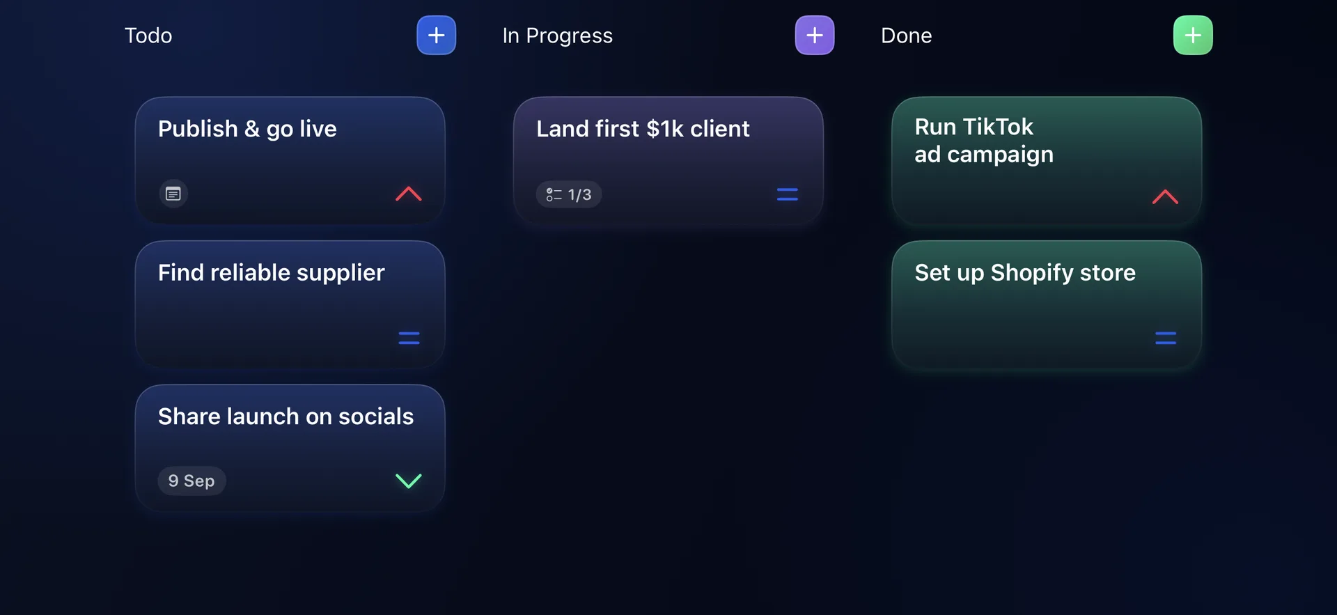Kanba’s board in landscape: Todo, In Progress and Done columns side by side with tasks in each.